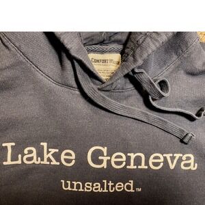 Lake Geneva WI Unsalted Hoodie Small Navy Blue Excellent No Sharks Graphic